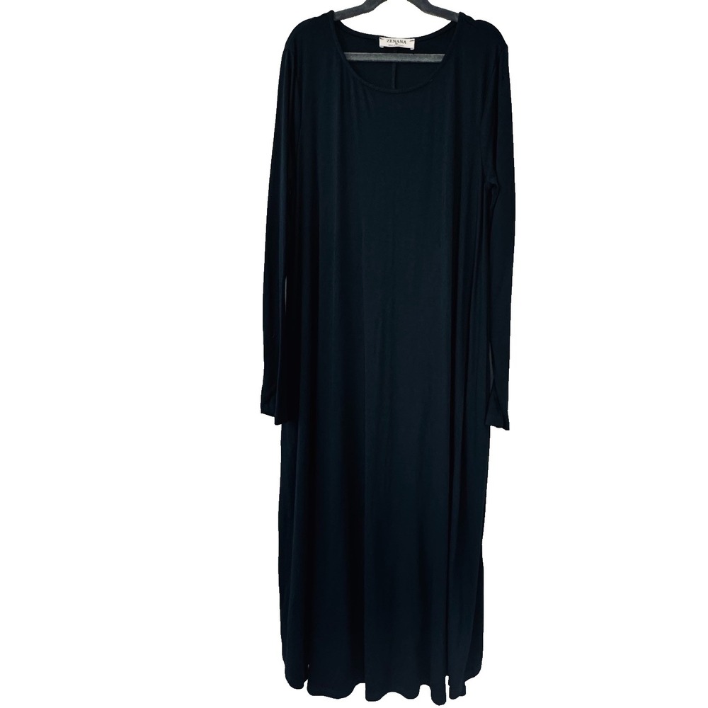Zenana Black Long Sleeve Maxi Dress M Relaxed Stretch Pockets Minimalist Casual